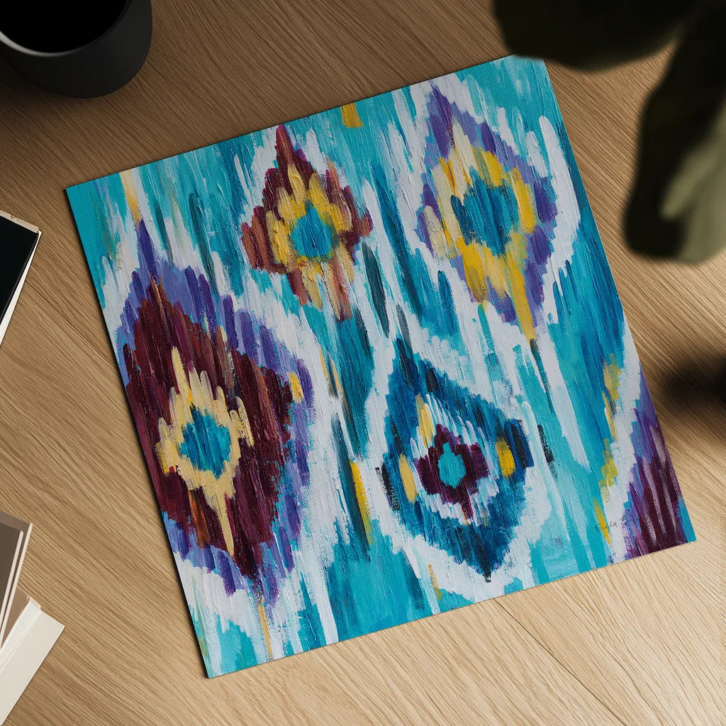 Ikat Jewel III by Farida Zaman. Shown as a detailed flat fine art print, highlighting archival giclee quality. Available as an archival giclee rolled canvas, fine art paper, or poster print. SKU 45445a.