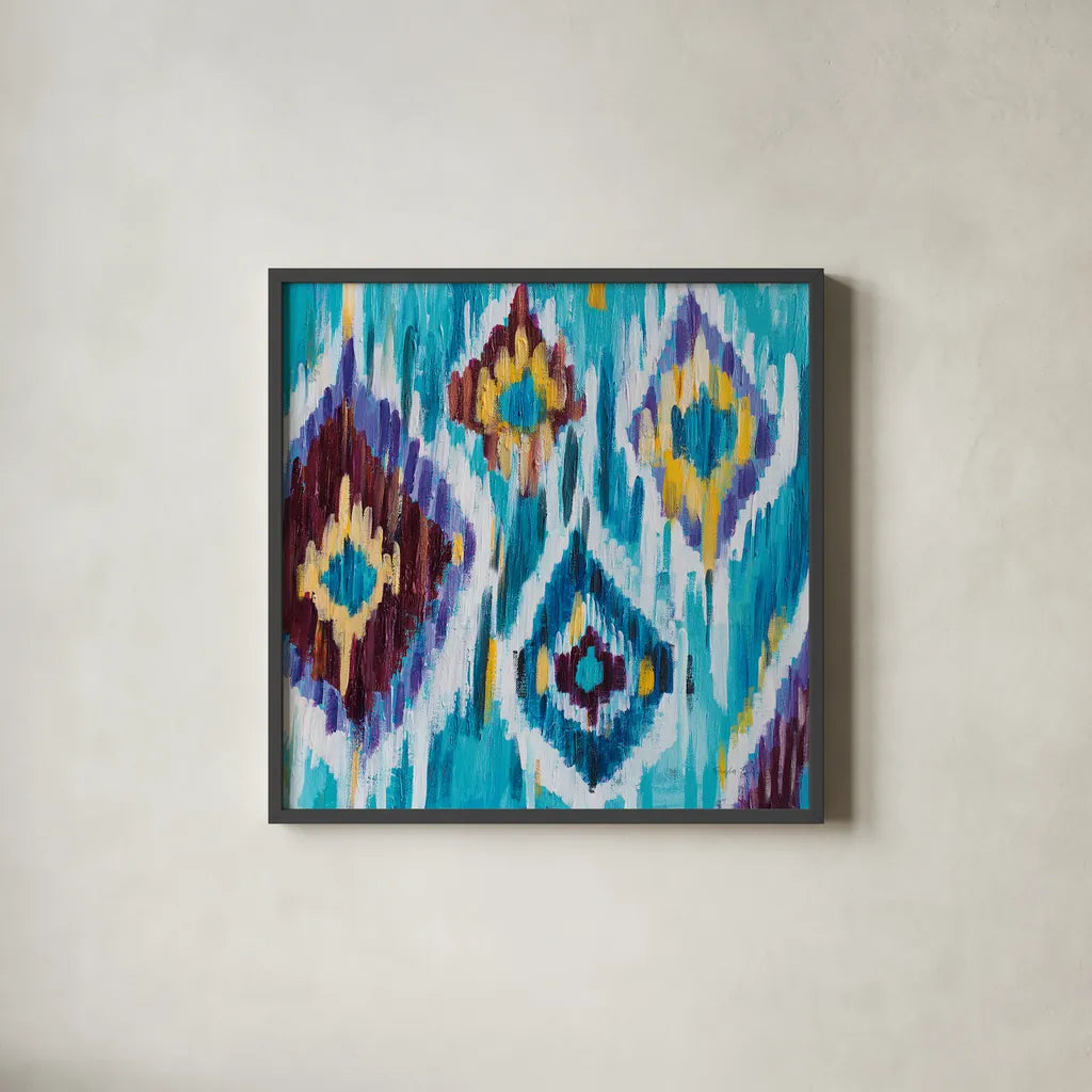 Ikat Jewel III by Farida Zaman. Shown in a sleek black glass frame for a contemporary gallery look. Available as an archival giclee rolled canvas, fine art paper, or poster print. SKU 45445a.