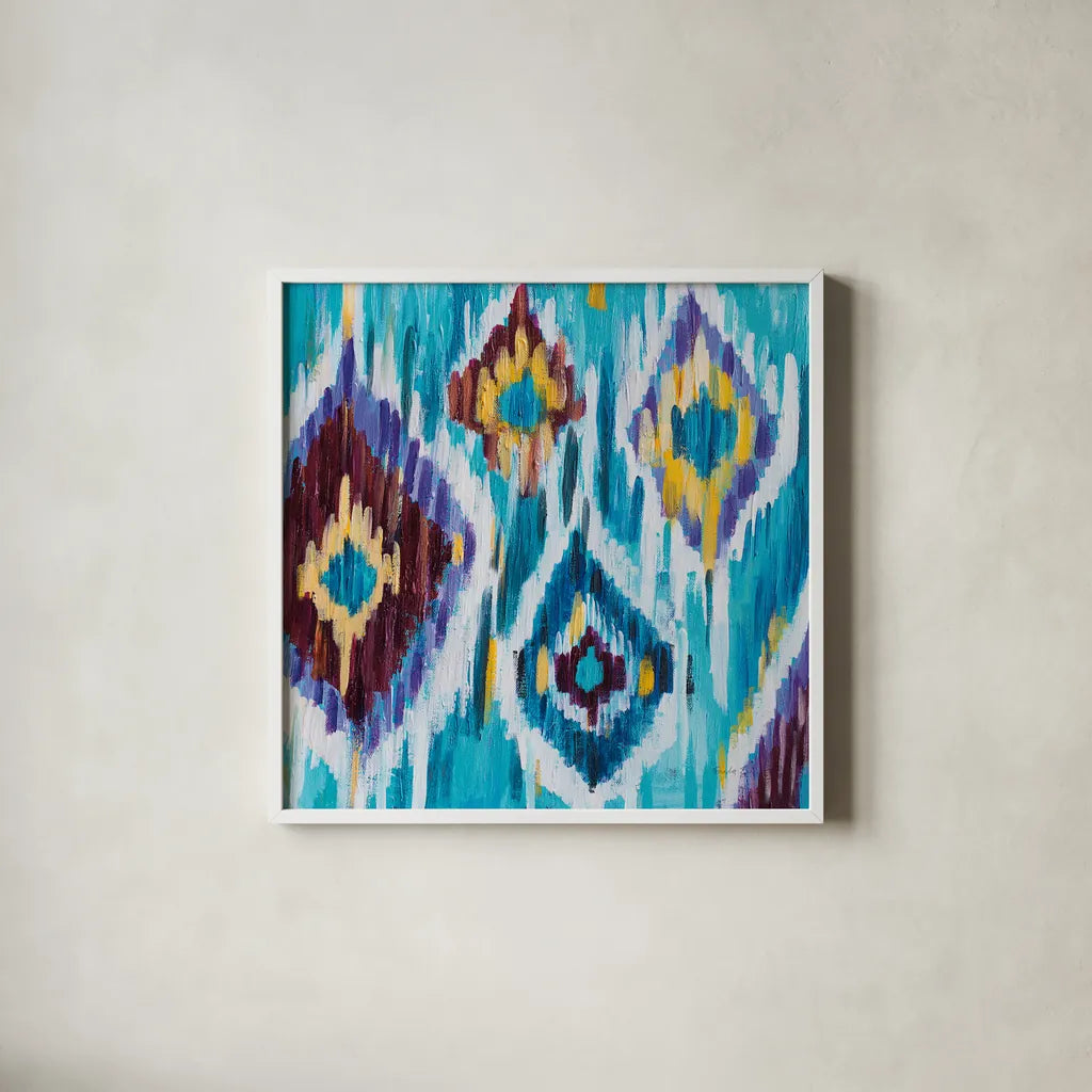 Ikat Jewel III by Farida Zaman. Shown in a crisp white glass frame for a clean and minimalist style. Available as an archival giclee rolled canvas, fine art paper, or poster print. SKU 45445a.