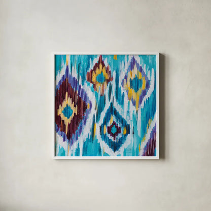 Ikat Jewel III by Farida Zaman. Shown in a crisp white glass frame for a clean and minimalist style. Available as an archival giclee rolled canvas, fine art paper, or poster print. SKU 45445a.
