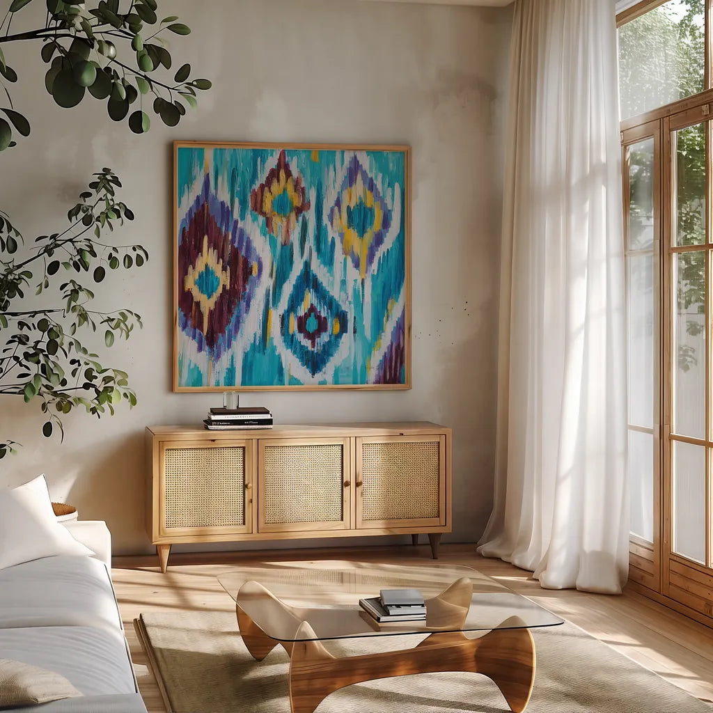 Ikat Jewel III by Farida Zaman. Shown in a natural wood frame in a cozy modern living room. Available as an archival giclee rolled canvas, fine art paper, or poster print. SKU 45445a.