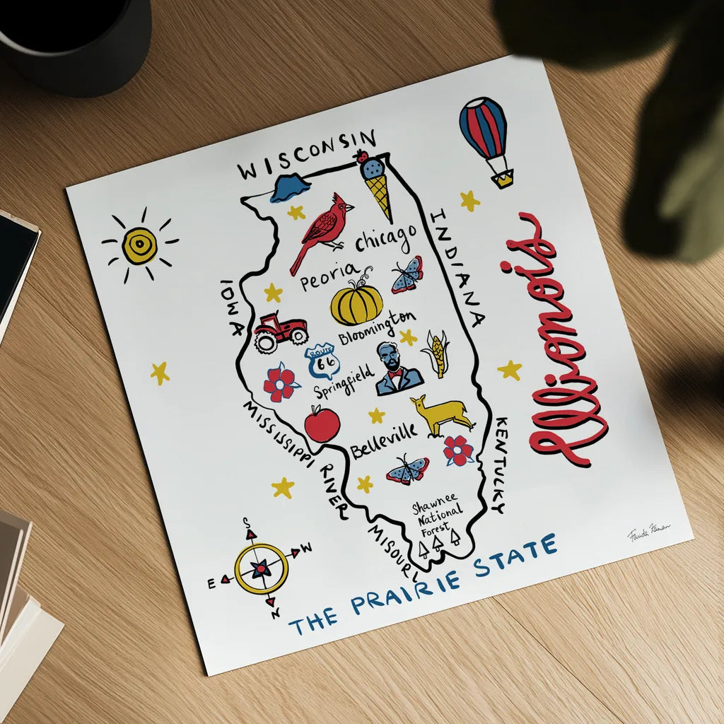 Illinois by Farida Zaman. Shown as a detailed flat fine art print, highlighting archival giclee quality. Available as an archival giclee rolled canvas, fine art paper, or poster print. SKU 87823a.