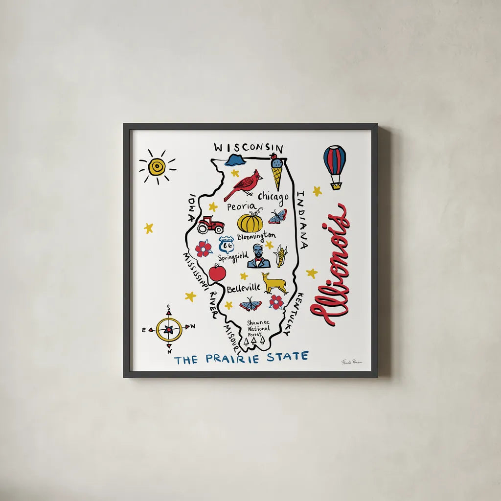 Illinois by Farida Zaman. Shown in a sleek black glass frame for a contemporary gallery look. Available as an archival giclee rolled canvas, fine art paper, or poster print. SKU 87823a.