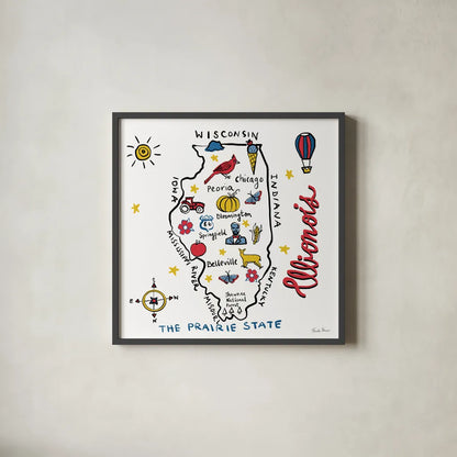 Illinois by Farida Zaman. Shown in a sleek black glass frame for a contemporary gallery look. Available as an archival giclee rolled canvas, fine art paper, or poster print. SKU 87823a.