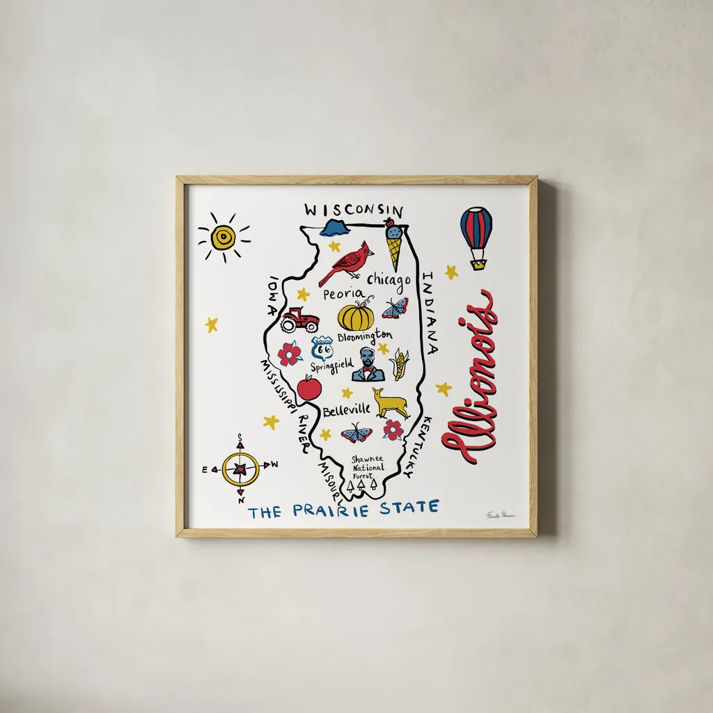 Illinois by Farida Zaman. Shown in a natural wood glass frame for a timeless modern aesthetic. Available as an archival giclee rolled canvas, fine art paper, or poster print. SKU 87823a.