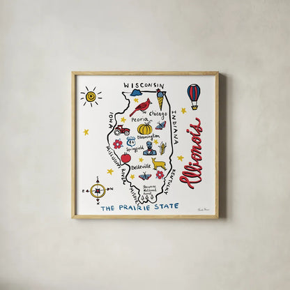 Illinois by Farida Zaman. Shown in a natural wood glass frame for a timeless modern aesthetic. Available as an archival giclee rolled canvas, fine art paper, or poster print. SKU 87823a.