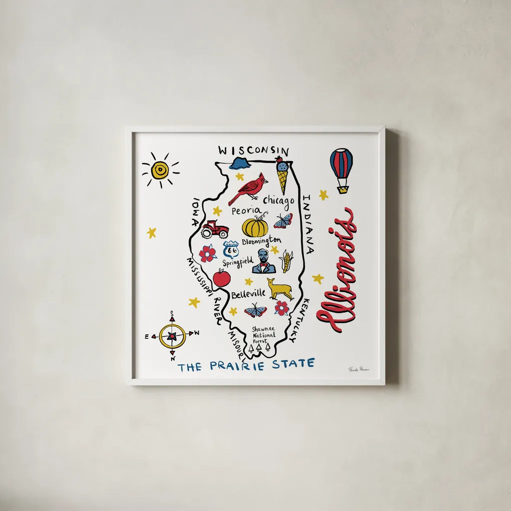 Illinois by Farida Zaman. Shown in a crisp white glass frame for a clean and minimalist style. Available as an archival giclee rolled canvas, fine art paper, or poster print. SKU 87823a.