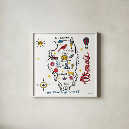 Illinois by Farida Zaman. Shown in a crisp white glass frame for a clean and minimalist style. Available as an archival giclee rolled canvas, fine art paper, or poster print. SKU 87823a.