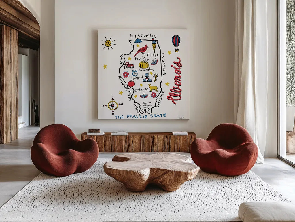 Illinois by Farida Zaman. Shown as extra-large giant wall art in a modern living room. Available as an archival giclee rolled canvas, fine art paper, or poster print. SKU 87823a.