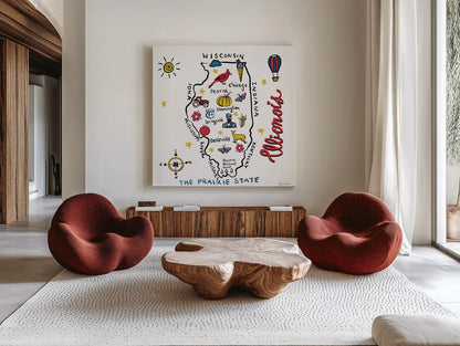 Illinois by Farida Zaman. Shown as extra-large giant wall art in a modern living room. Available as an archival giclee rolled canvas, fine art paper, or poster print. SKU 87823a.