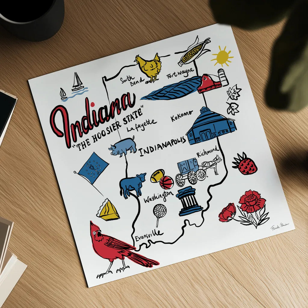 Indiana by Farida Zaman. Shown as a detailed flat fine art print, highlighting archival giclee quality. Available as an archival giclee rolled canvas, fine art paper, or poster print. SKU 87824a.