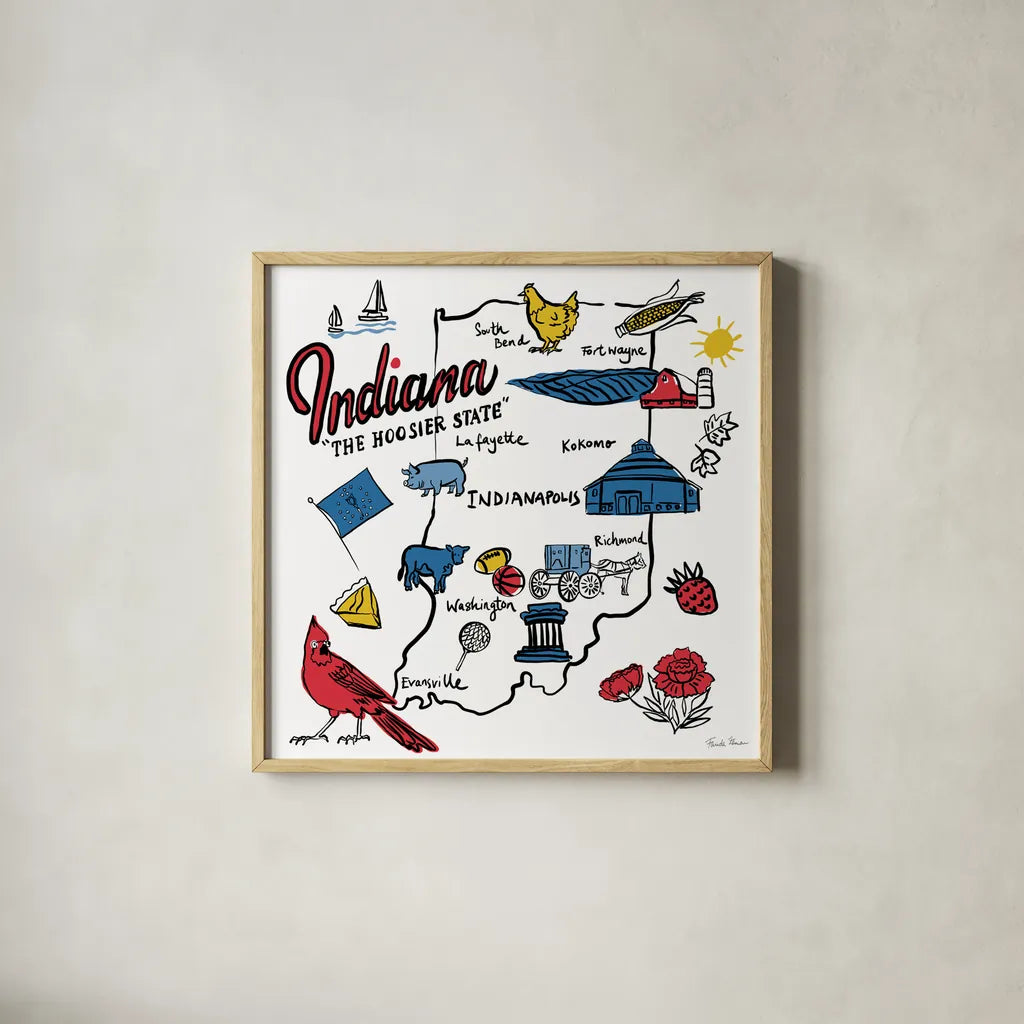 Indiana by Farida Zaman. Shown in a natural wood glass frame for a timeless modern aesthetic. Available as an archival giclee rolled canvas, fine art paper, or poster print. SKU 87824a.