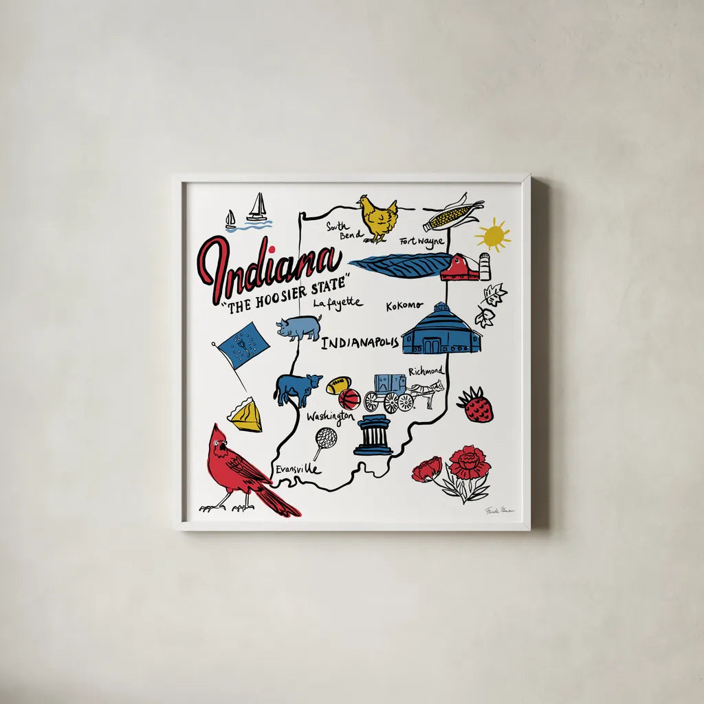 Indiana by Farida Zaman. Shown in a crisp white glass frame for a clean and minimalist style. Available as an archival giclee rolled canvas, fine art paper, or poster print. SKU 87824a.