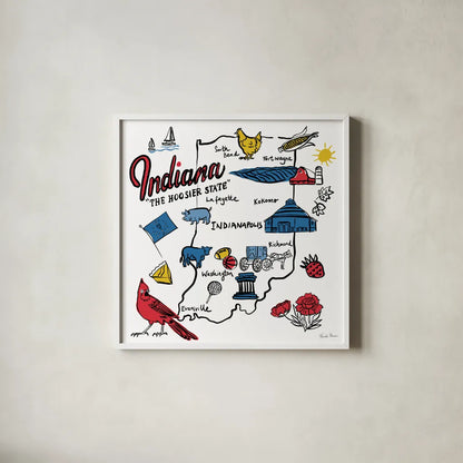 Indiana by Farida Zaman. Shown in a crisp white glass frame for a clean and minimalist style. Available as an archival giclee rolled canvas, fine art paper, or poster print. SKU 87824a.