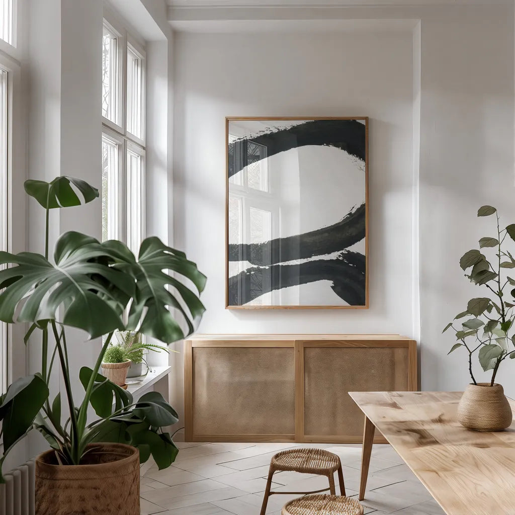 Inky I by Farida Zaman. shown as a print in a natural wood frame in a dining room. Available as a archival giclee rolled canvas, fine art paper, or poster print. SKU 76836h.