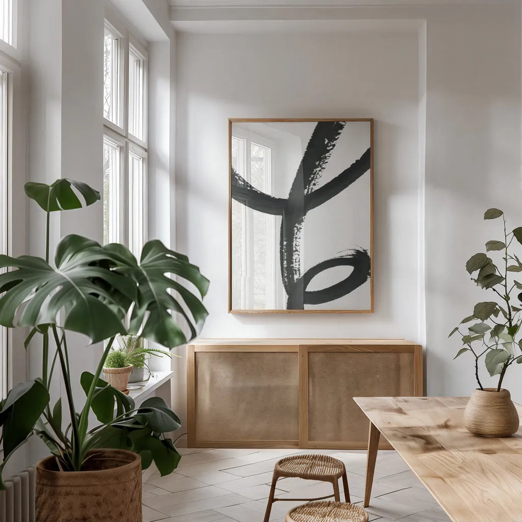 Inky III by Farida Zaman. shown as a print in a natural wood frame in a dining room. Available as a archival giclee rolled canvas, fine art paper, or poster print. SKU 76838h.