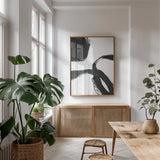 Inky V by Farida Zaman. shown as a print in a natural wood frame in a dining room. Available as a archival giclee rolled canvas, fine art paper, or poster print. SKU 76840h.