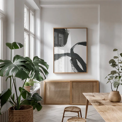 Inky V by Farida Zaman. shown as a print in a natural wood frame in a dining room. Available as a archival giclee rolled canvas, fine art paper, or poster print. SKU 76840h.