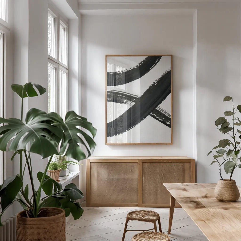 Inky VI by Farida Zaman. shown as a print in a natural wood frame in a dining room. Available as a archival giclee rolled canvas, fine art paper, or poster print. SKU 76841h.