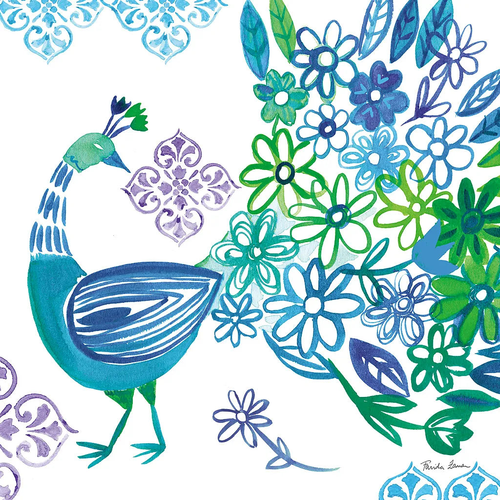 Jewel Peacocks I by Farida Zaman. SKU 41802a. Archival Giclee Fine art print for wall decor.