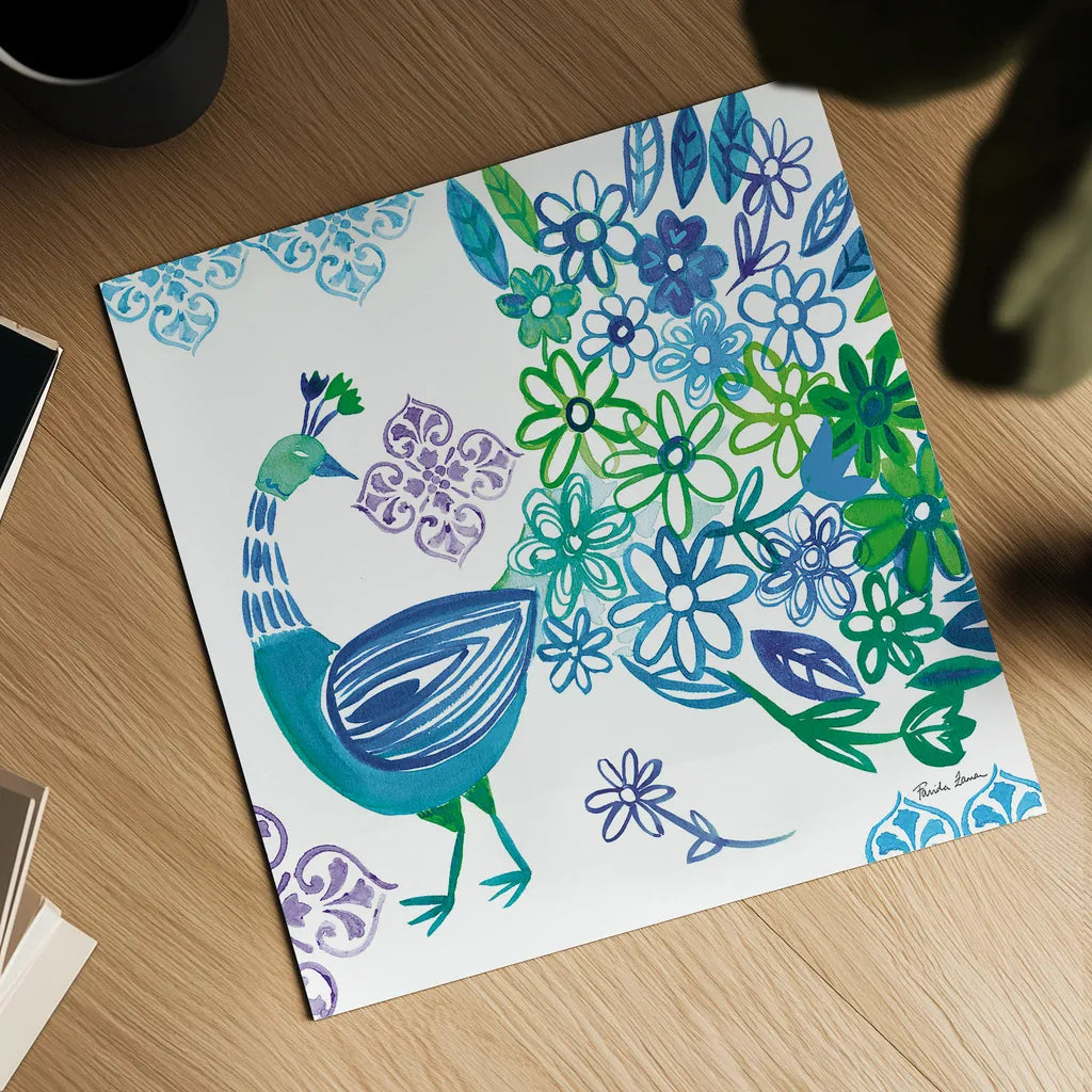 Jewel Peacocks I by Farida Zaman. Shown as a detailed flat fine art print, highlighting archival giclee quality. Available as an archival giclee rolled canvas, fine art paper, or poster print. SKU 41802a.