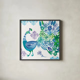 Jewel Peacocks I by Farida Zaman. Shown in a sleek black glass frame for a contemporary gallery look. Available as an archival giclee rolled canvas, fine art paper, or poster print. SKU 41802a.