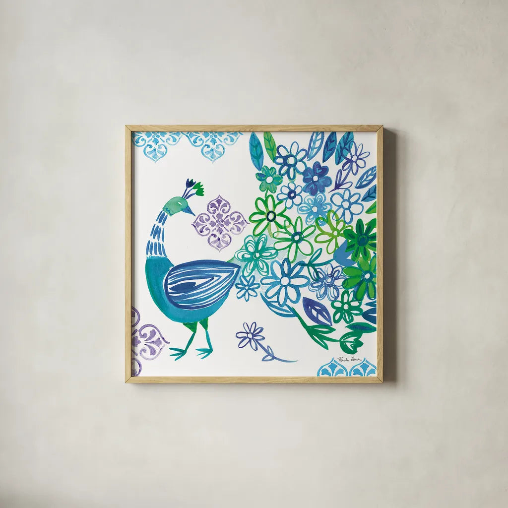 Jewel Peacocks I by Farida Zaman. Shown in a natural wood glass frame for a timeless modern aesthetic. Available as an archival giclee rolled canvas, fine art paper, or poster print. SKU 41802a.