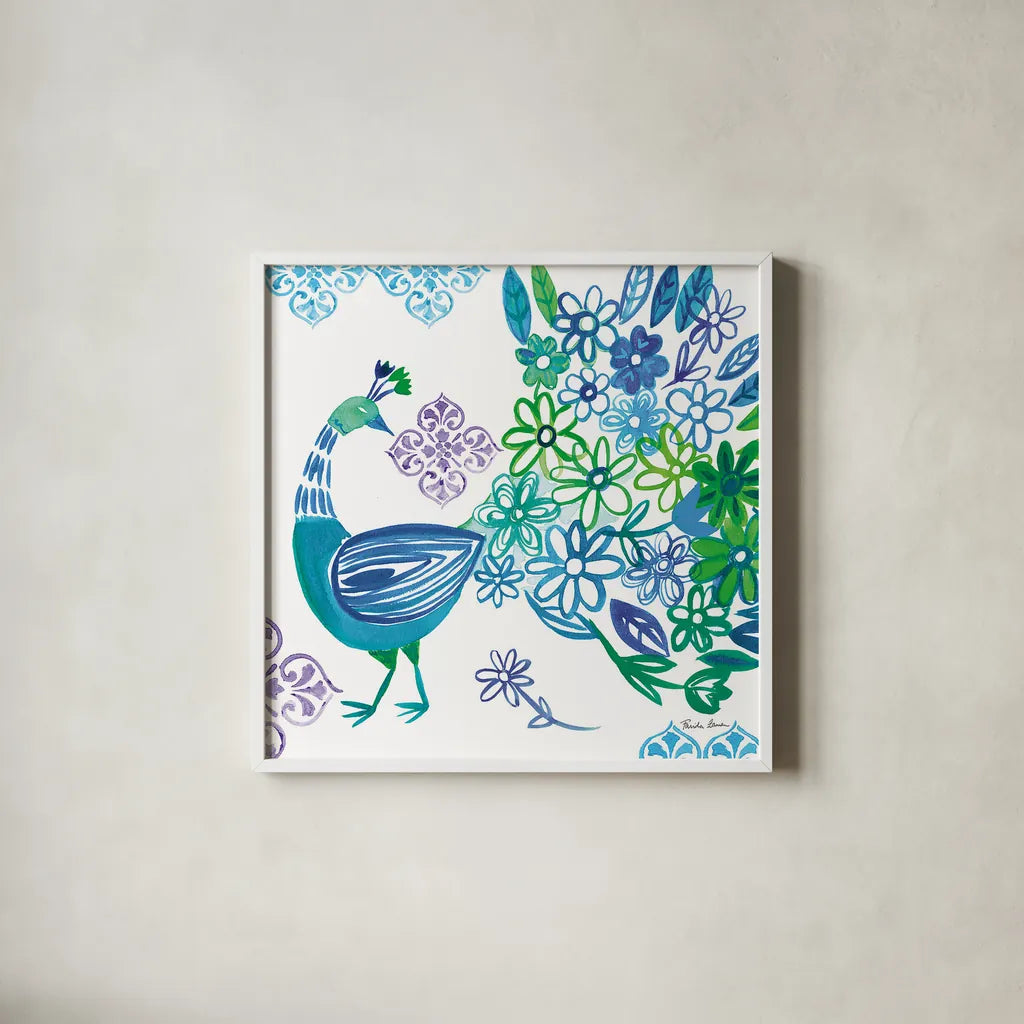 Jewel Peacocks I by Farida Zaman. Shown in a crisp white glass frame for a clean and minimalist style. Available as an archival giclee rolled canvas, fine art paper, or poster print. SKU 41802a.