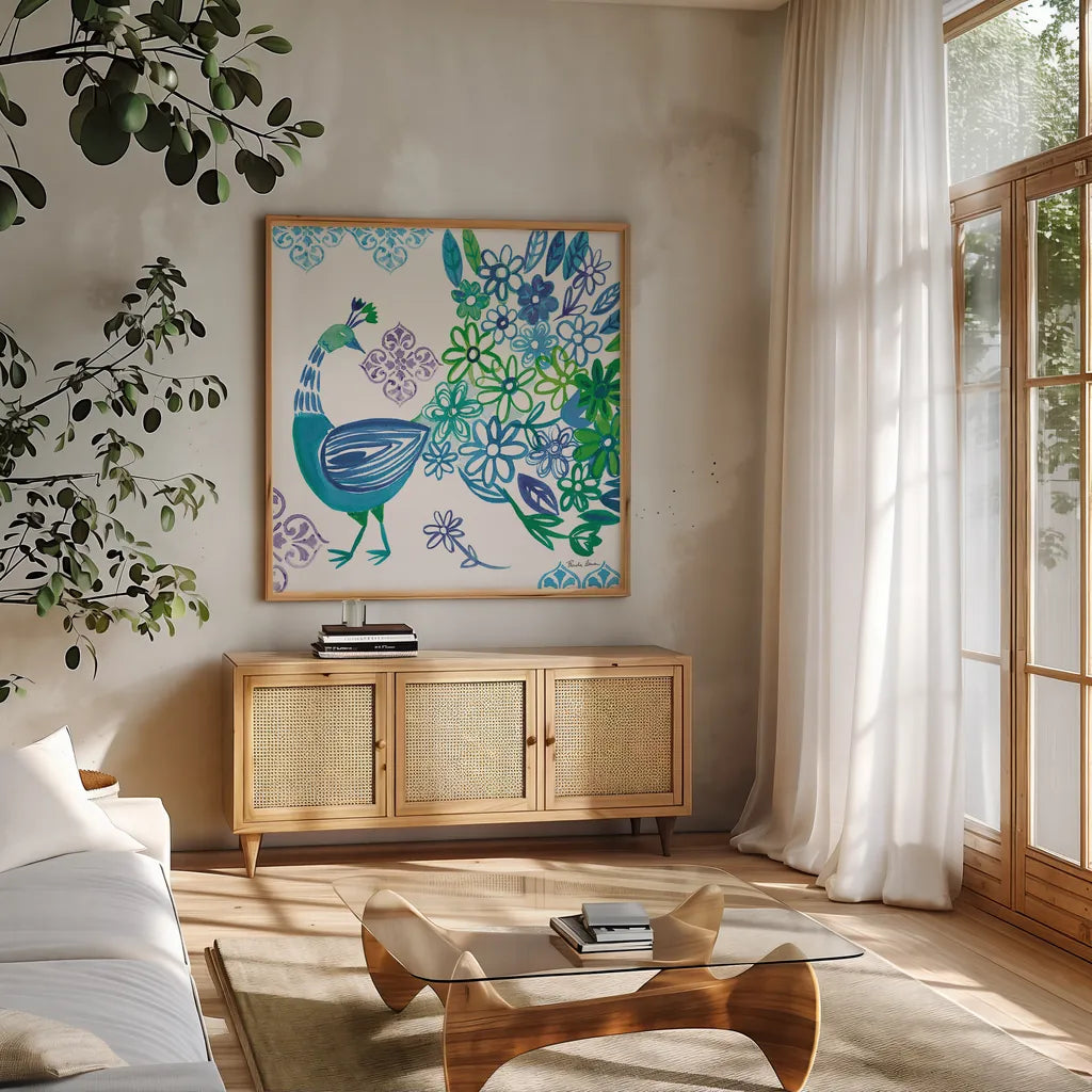 Jewel Peacocks I by Farida Zaman. Shown in a natural wood frame in a cozy modern living room. Available as an archival giclee rolled canvas, fine art paper, or poster print. SKU 41802a.