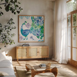 Jewel Peacocks I by Farida Zaman. Shown in a natural wood frame in a cozy modern living room. Available as an archival giclee rolled canvas, fine art paper, or poster print. SKU 41802a.