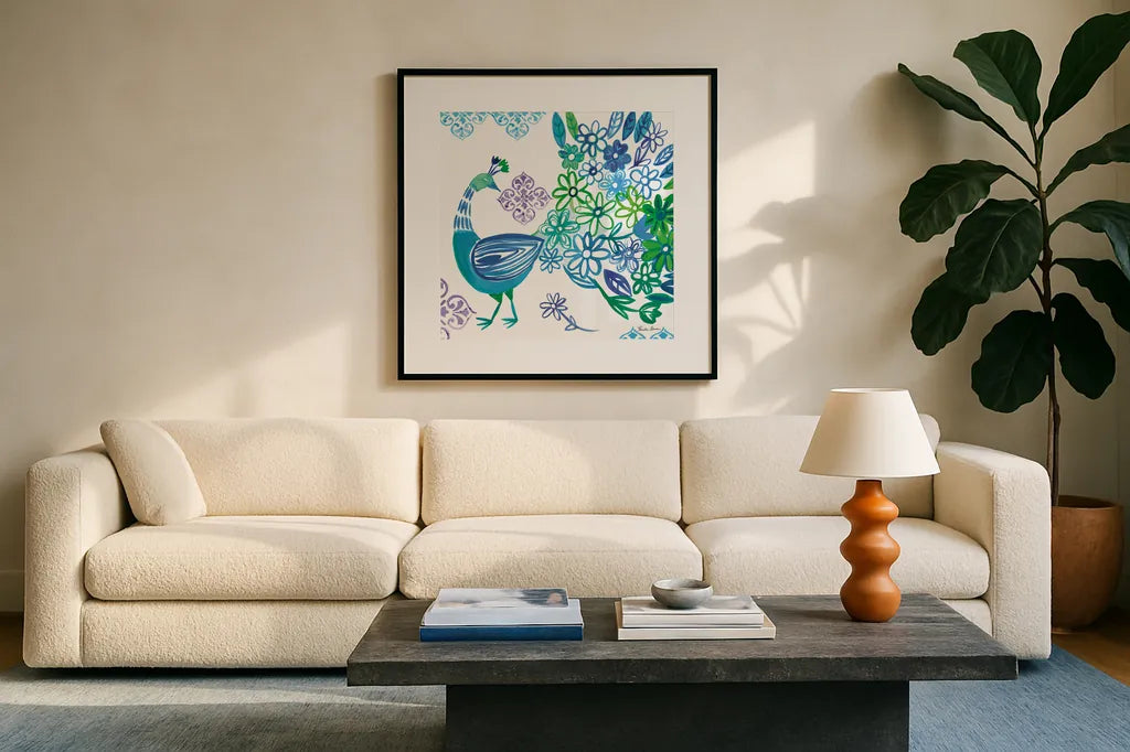 Jewel Peacocks I by Farida Zaman. Displayed in a glass frame with matte in a clean modern living room. Available as an archival giclee rolled canvas, fine art paper, or poster print. SKU 41802a.