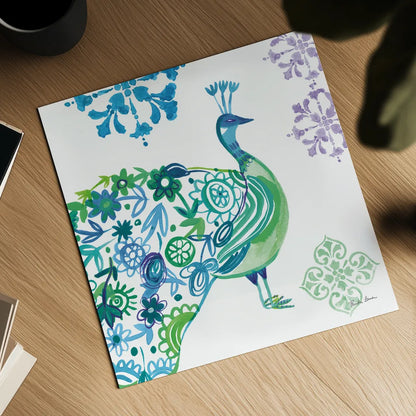 Jewel Peacocks II by Farida Zaman. Shown as a detailed flat fine art print, highlighting archival giclee quality. Available as an archival giclee rolled canvas, fine art paper, or poster print. SKU 41803a.