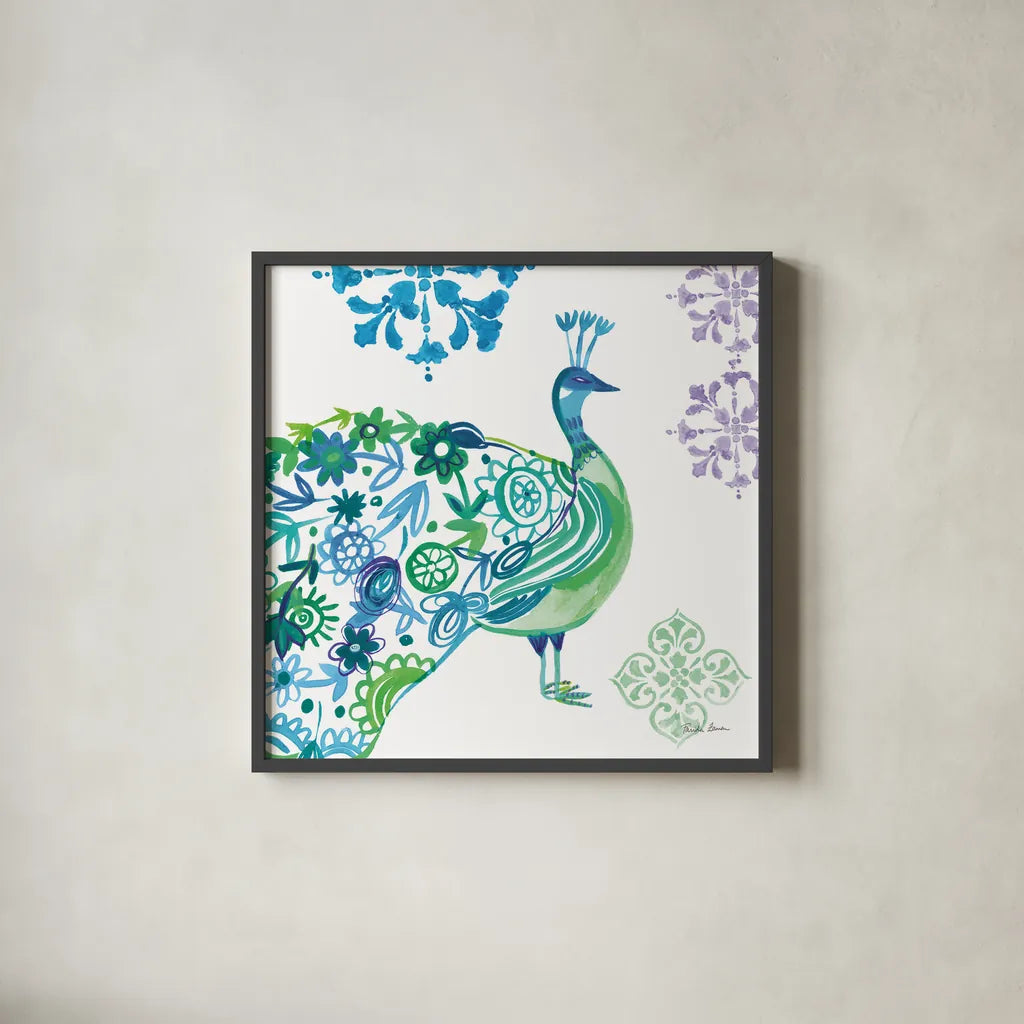 Jewel Peacocks II by Farida Zaman. Shown in a sleek black glass frame for a contemporary gallery look. Available as an archival giclee rolled canvas, fine art paper, or poster print. SKU 41803a.