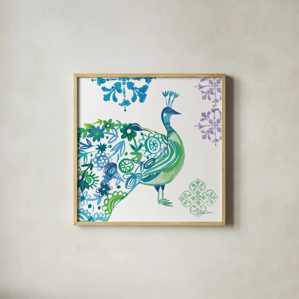 Jewel Peacocks II by Farida Zaman. Shown in a natural wood glass frame for a timeless modern aesthetic. Available as an archival giclee rolled canvas, fine art paper, or poster print. SKU 41803a.