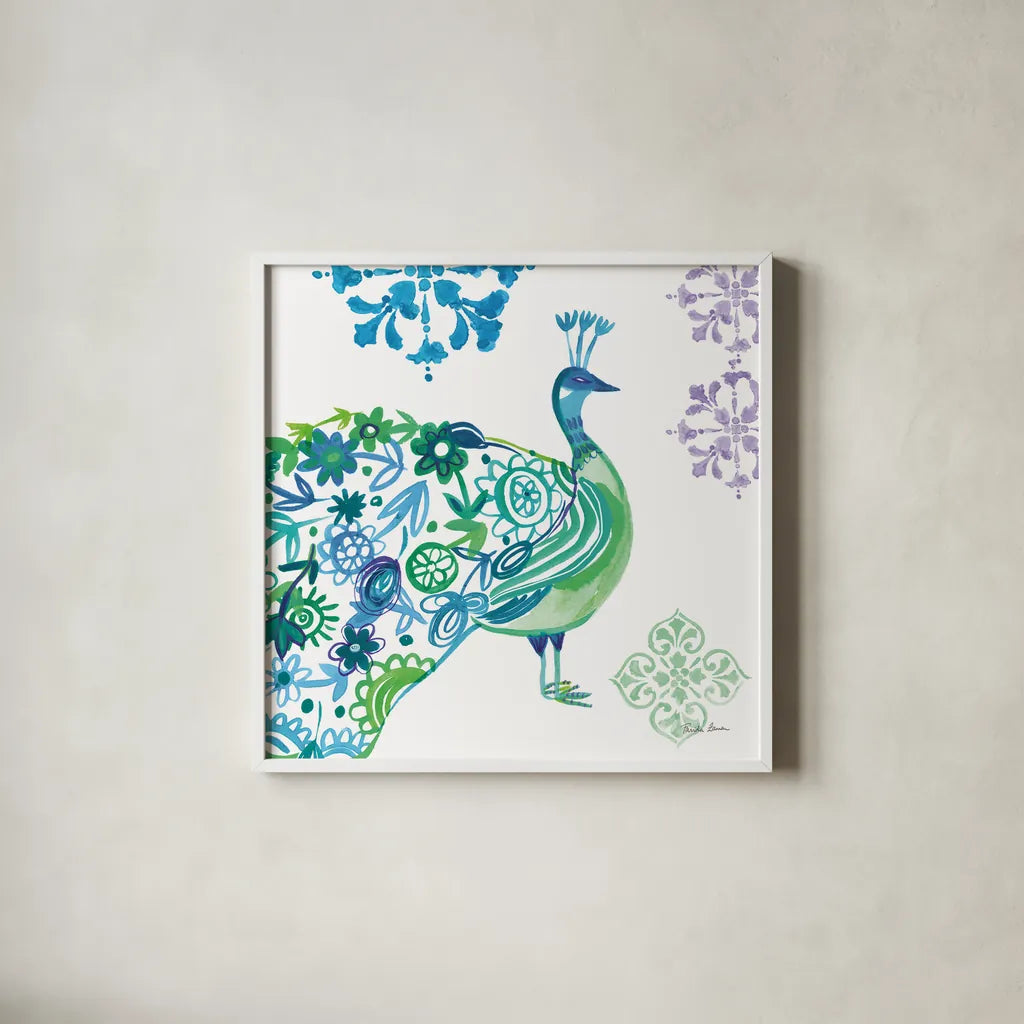 Jewel Peacocks II by Farida Zaman. Shown in a crisp white glass frame for a clean and minimalist style. Available as an archival giclee rolled canvas, fine art paper, or poster print. SKU 41803a.