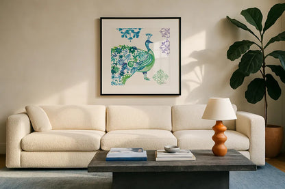 Jewel Peacocks II by Farida Zaman. Displayed in a glass frame with matte in a clean modern living room. Available as an archival giclee rolled canvas, fine art paper, or poster print. SKU 41803a.