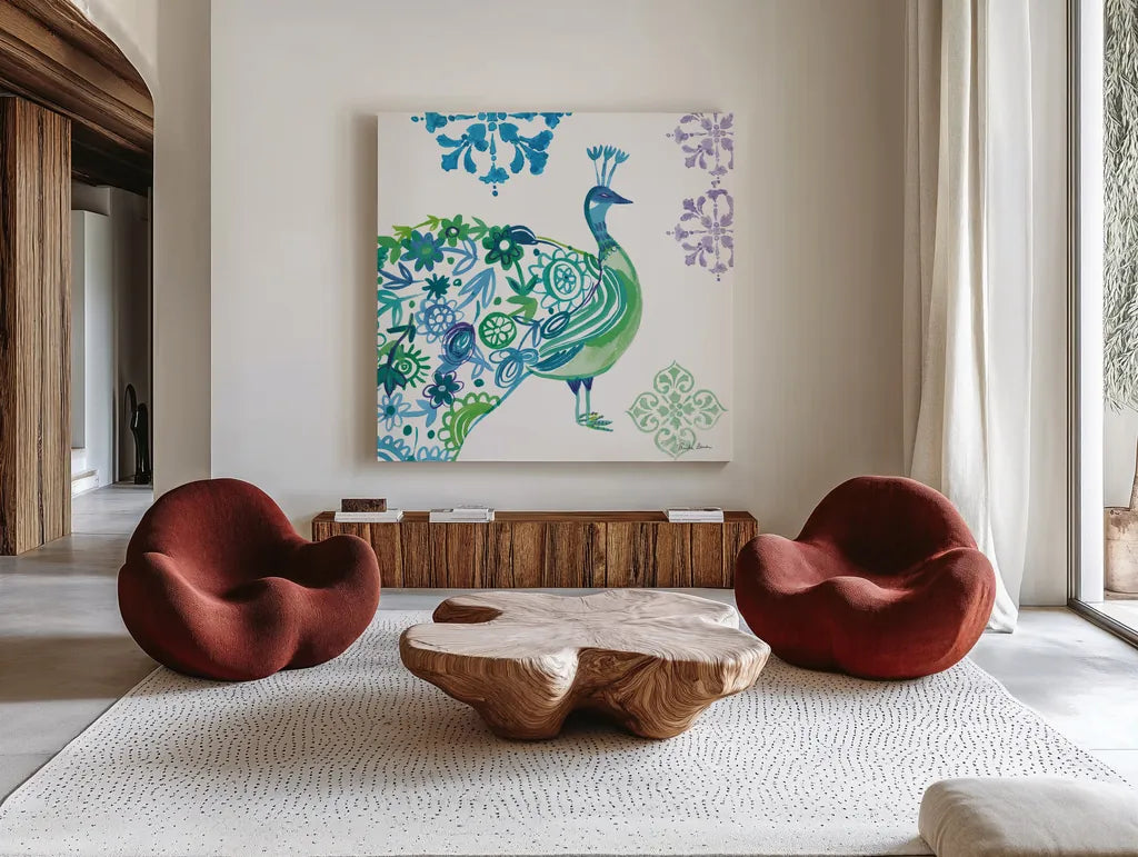 Jewel Peacocks II by Farida Zaman. Shown as extra-large giant wall art in a modern living room. Available as an archival giclee rolled canvas, fine art paper, or poster print. SKU 41803a.