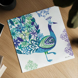 Jewel Peacocks III by Farida Zaman. Shown as a detailed flat fine art print, highlighting archival giclee quality. Available as an archival giclee rolled canvas, fine art paper, or poster print. SKU 41804a.
