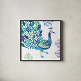 Jewel Peacocks III by Farida Zaman. Shown in a sleek black glass frame for a contemporary gallery look. Available as an archival giclee rolled canvas, fine art paper, or poster print. SKU 41804a.