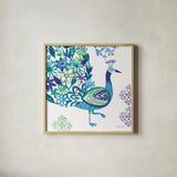 Jewel Peacocks III by Farida Zaman. Shown in a natural wood glass frame for a timeless modern aesthetic. Available as an archival giclee rolled canvas, fine art paper, or poster print. SKU 41804a.