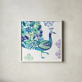Jewel Peacocks III by Farida Zaman. Shown in a crisp white glass frame for a clean and minimalist style. Available as an archival giclee rolled canvas, fine art paper, or poster print. SKU 41804a.