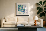 Jewel Peacocks III by Farida Zaman. Displayed in a glass frame with matte in a clean modern living room. Available as an archival giclee rolled canvas, fine art paper, or poster print. SKU 41804a.