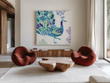 Jewel Peacocks III by Farida Zaman. Shown as extra-large giant wall art in a modern living room. Available as an archival giclee rolled canvas, fine art paper, or poster print. SKU 41804a.