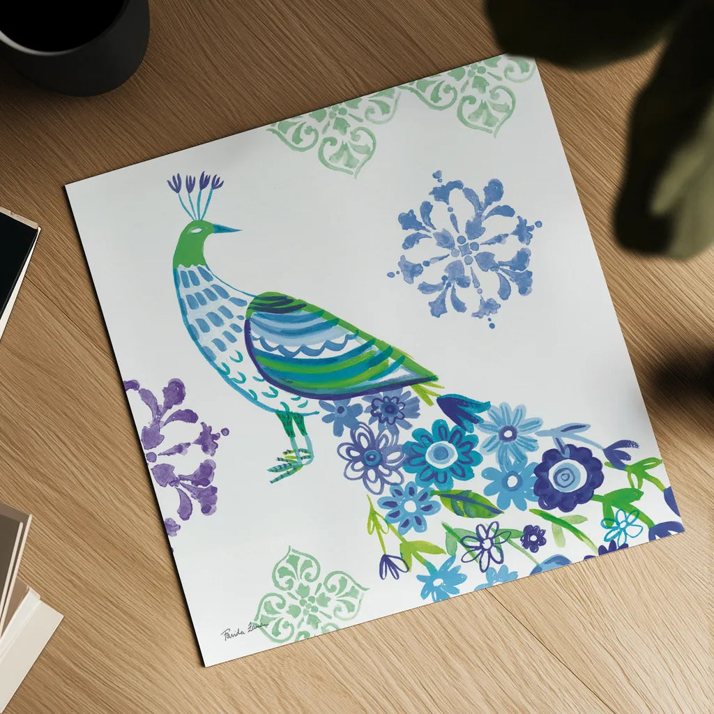 Jewel Peacocks IV by Farida Zaman. Shown as a detailed flat fine art print, highlighting archival giclee quality. Available as an archival giclee rolled canvas, fine art paper, or poster print. SKU 41805a.