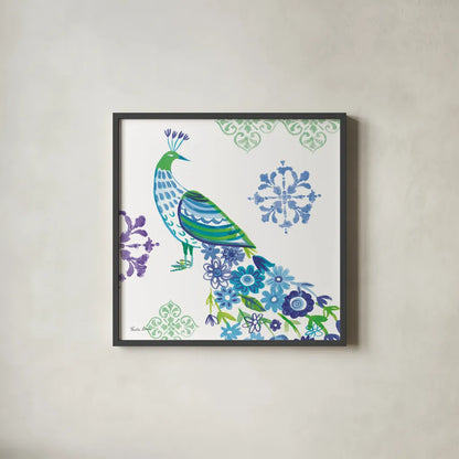 Jewel Peacocks IV by Farida Zaman. Shown in a sleek black glass frame for a contemporary gallery look. Available as an archival giclee rolled canvas, fine art paper, or poster print. SKU 41805a.