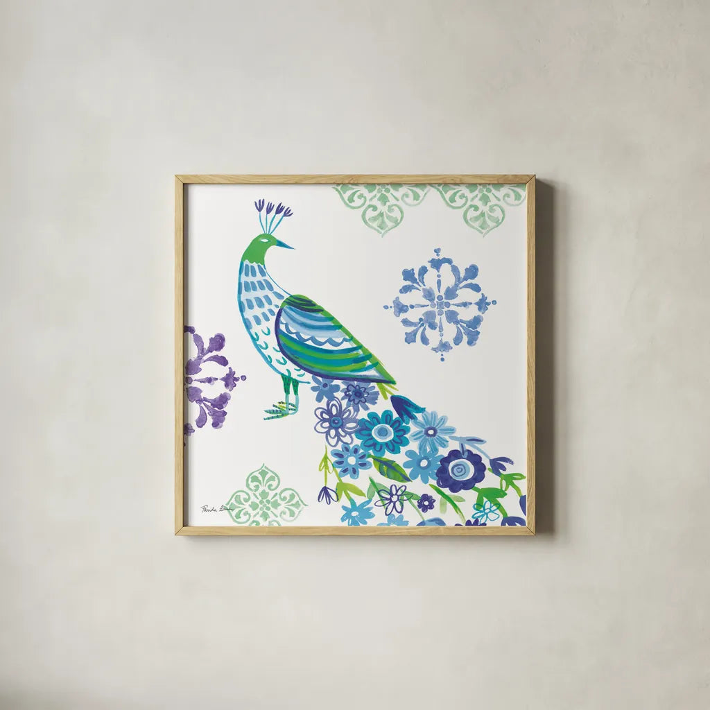 Jewel Peacocks IV by Farida Zaman. Shown in a natural wood glass frame for a timeless modern aesthetic. Available as an archival giclee rolled canvas, fine art paper, or poster print. SKU 41805a.