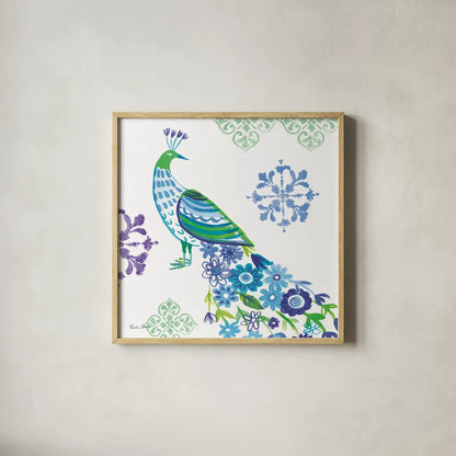 Jewel Peacocks IV by Farida Zaman. Shown in a natural wood glass frame for a timeless modern aesthetic. Available as an archival giclee rolled canvas, fine art paper, or poster print. SKU 41805a.