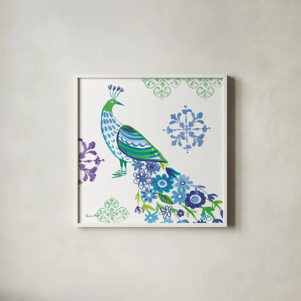 Jewel Peacocks IV by Farida Zaman. Shown in a crisp white glass frame for a clean and minimalist style. Available as an archival giclee rolled canvas, fine art paper, or poster print. SKU 41805a.