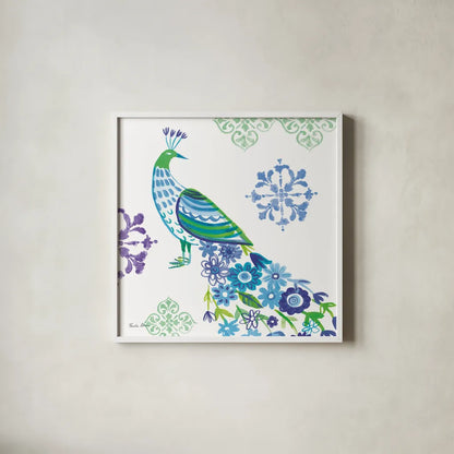 Jewel Peacocks IV by Farida Zaman. Shown in a crisp white glass frame for a clean and minimalist style. Available as an archival giclee rolled canvas, fine art paper, or poster print. SKU 41805a.