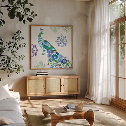 Jewel Peacocks IV by Farida Zaman. Shown in a natural wood frame in a cozy modern living room. Available as an archival giclee rolled canvas, fine art paper, or poster print. SKU 41805a.